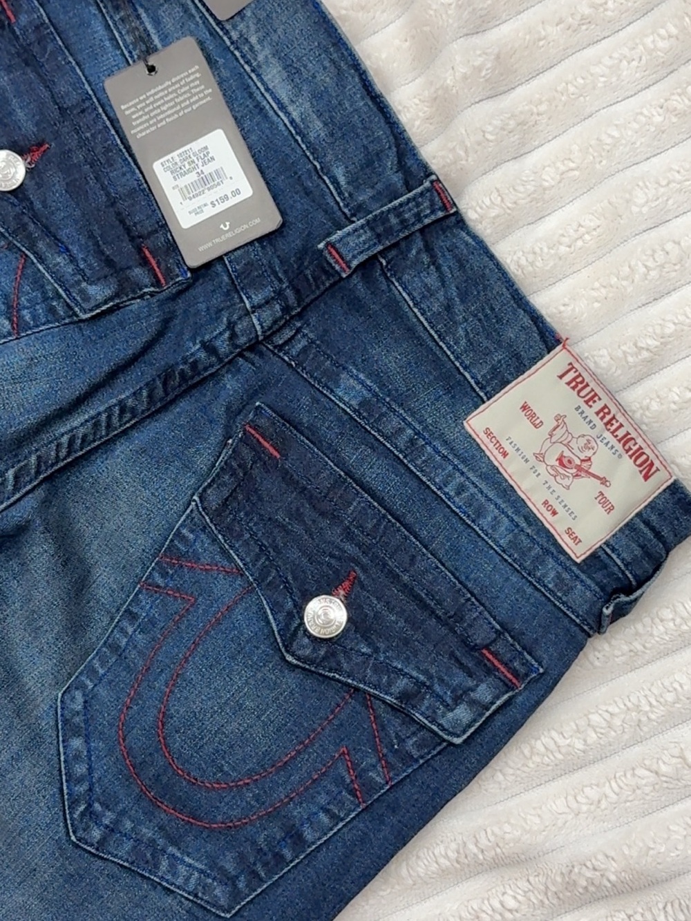 True Religion Men’s dark gloom Denim Jeans with Red Stitching